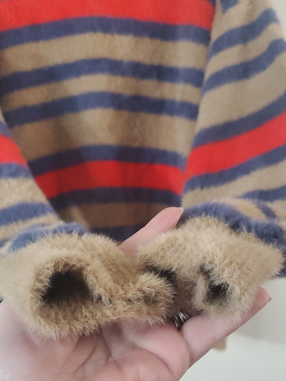 Aerie Flurry Crew Cozy Striped Fuzzy Sweater Tan, Navy & Red Size XS Oversized - Picture 6 of 16